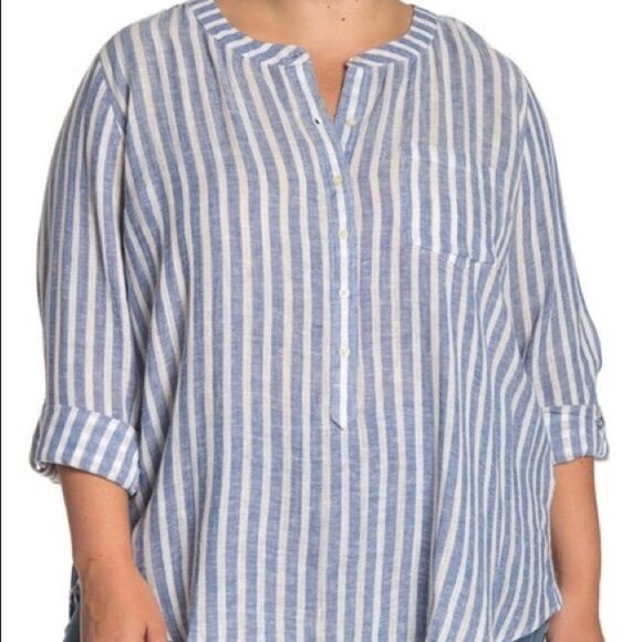 Lucky Brand Size Large Linen Top Blue White Stripe Henley - Picture 1 of 10